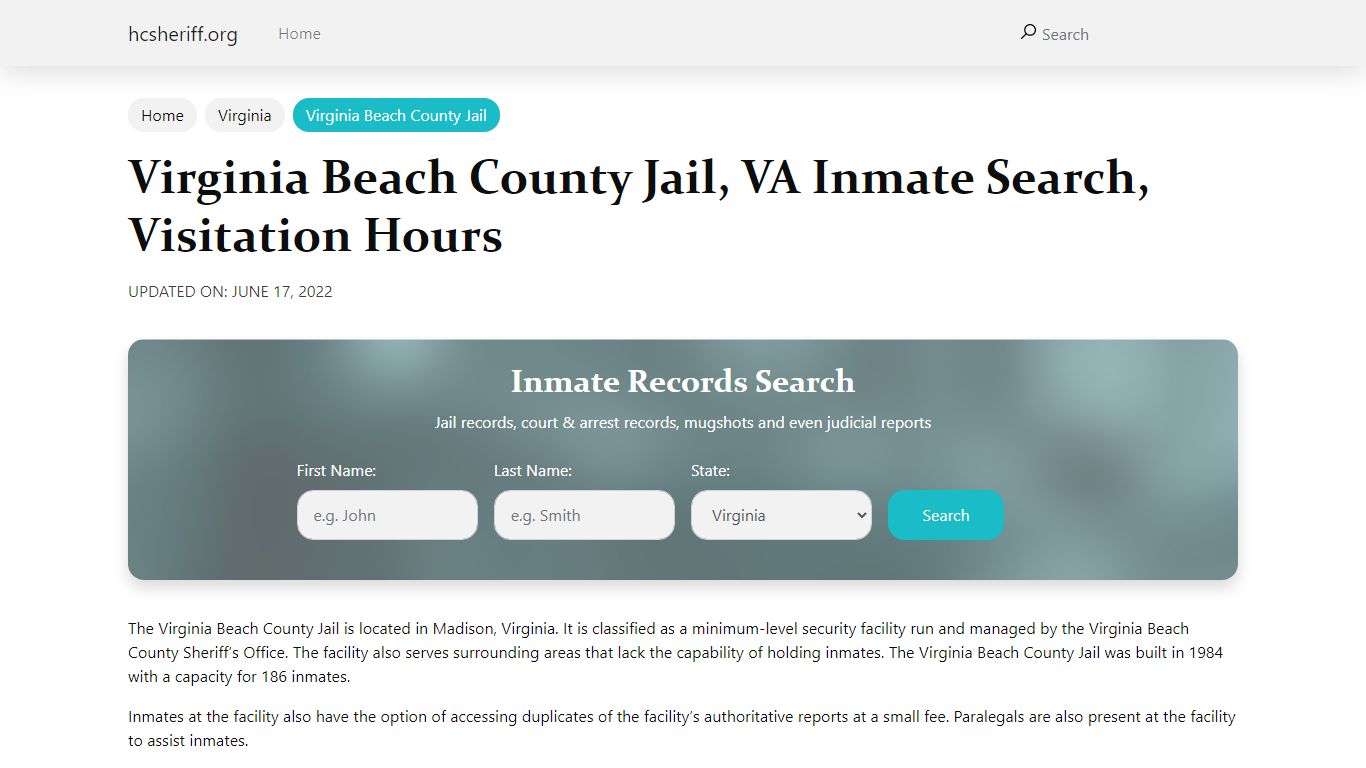 Virginia Beach County Jail, VA Inmate Search, Visitation Hours